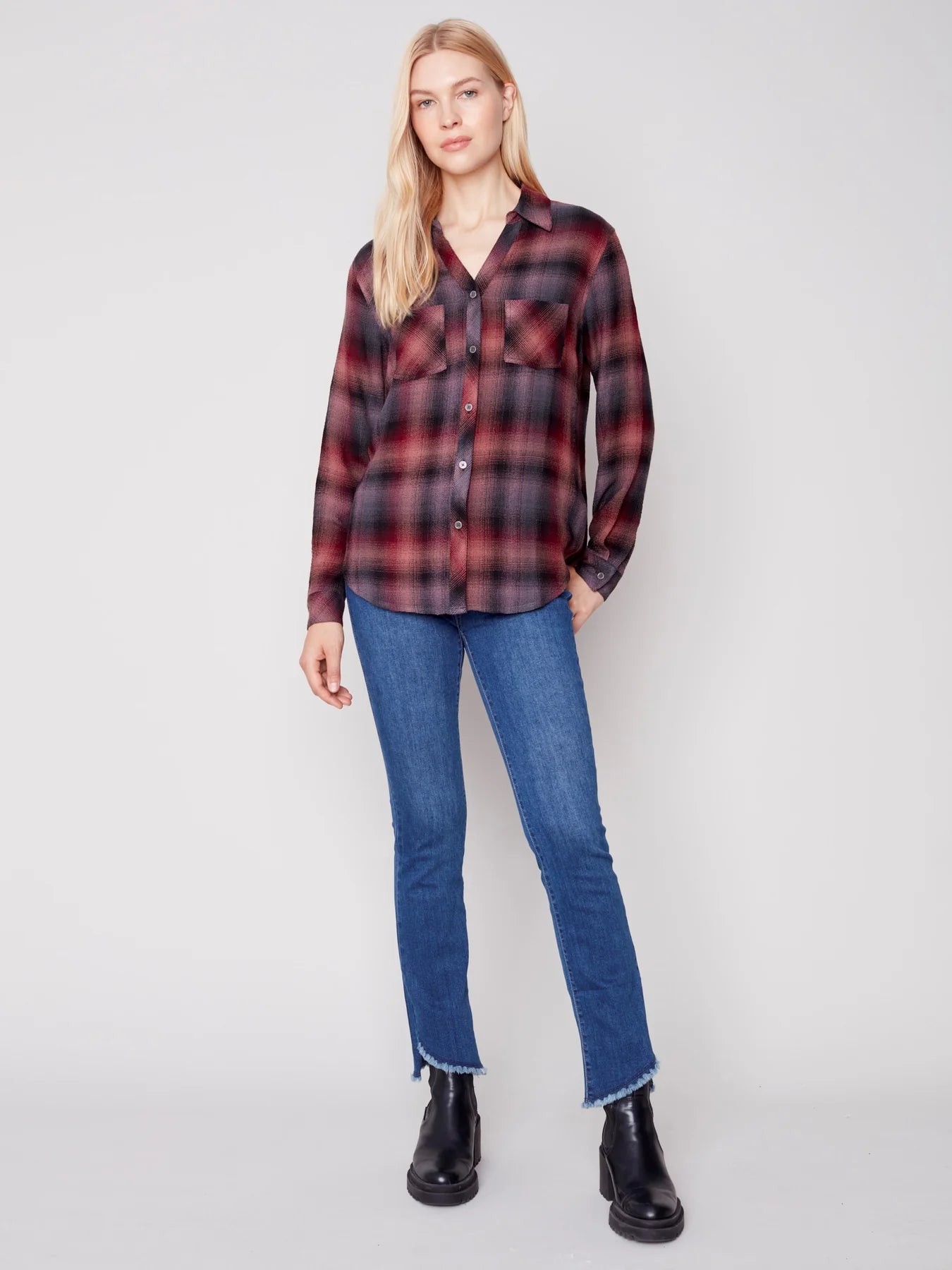 Charlie B Plaid Blouse in Port