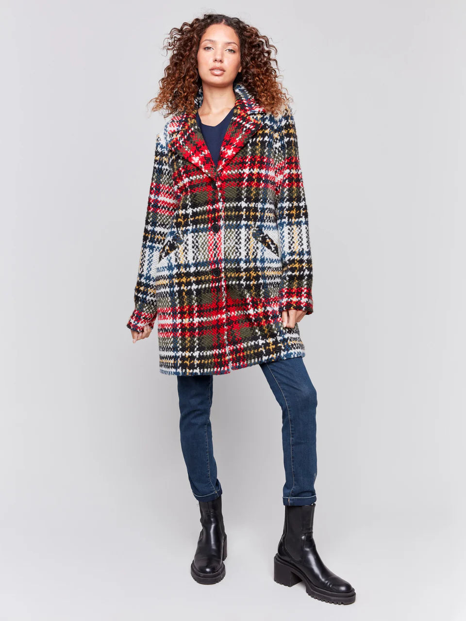 Charlie B Plaid Boucle Coat