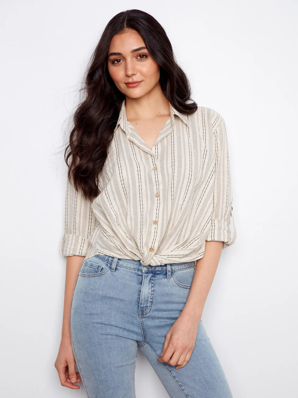 Charlie B Striped Cotton Blend Twist Front Blouse