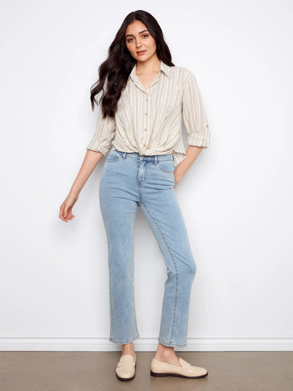 Charlie B Striped Cotton Blend Twist Front Blouse