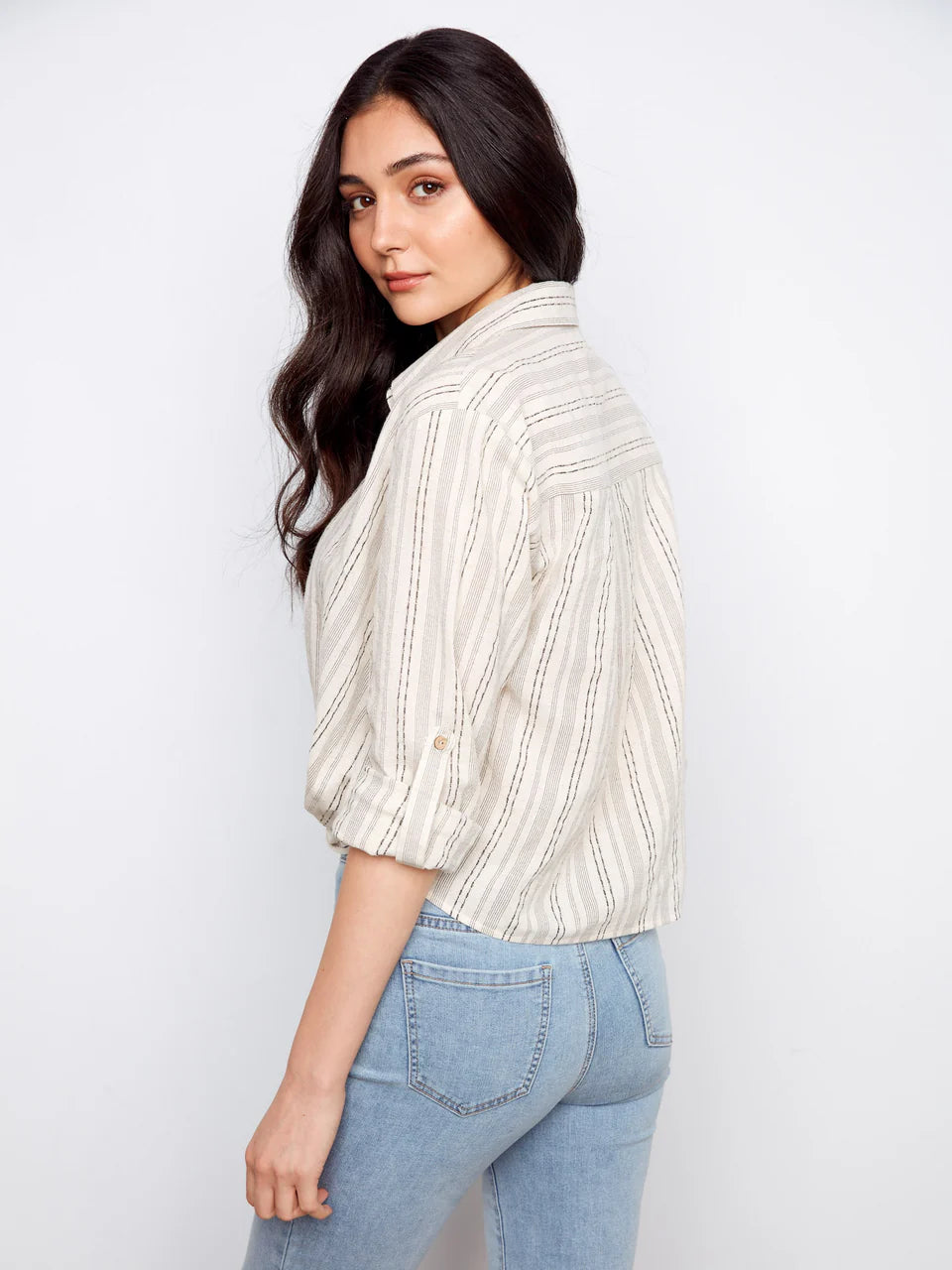 Charlie B Striped Cotton Blend Twist Front Blouse