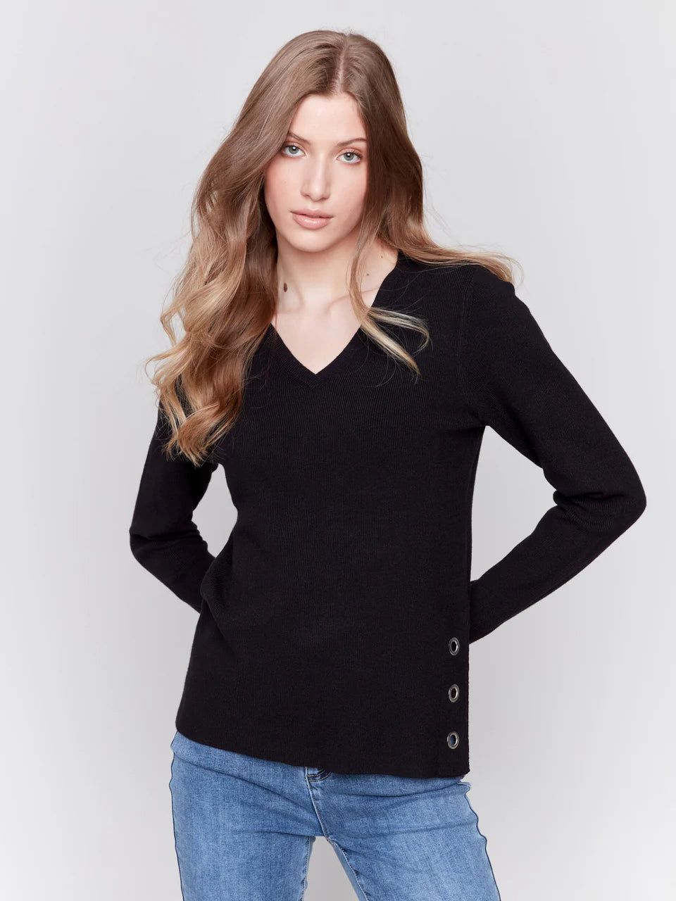 Charlie B V neck Sweater with Grommets