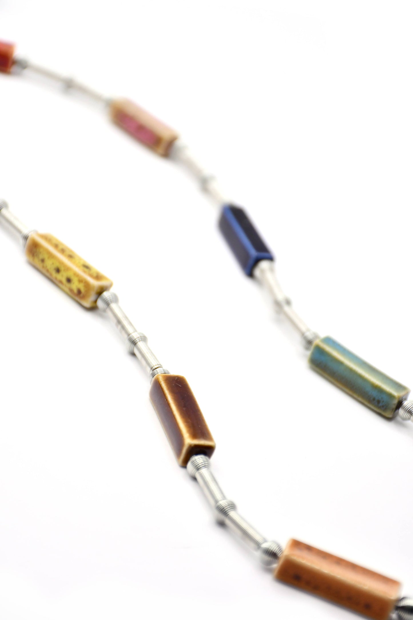 Long Silver Beaded Necklace with Multi-Colored Beads