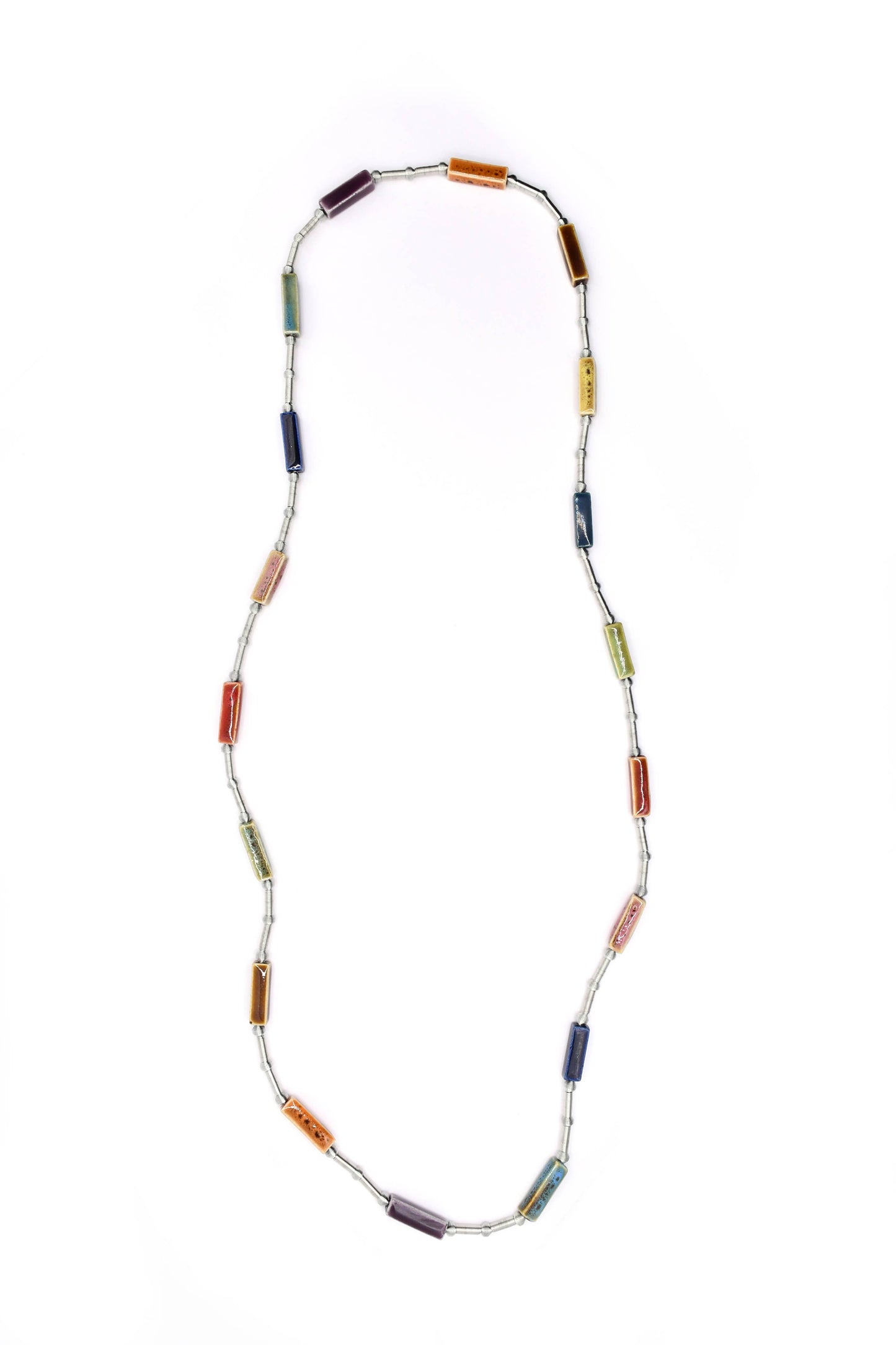 Long Silver Beaded Necklace with Multi-Colored Beads