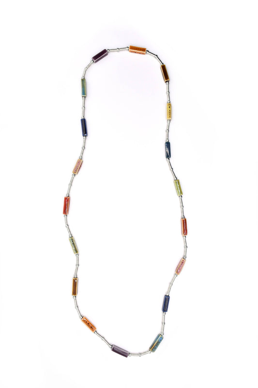 Long Silver Beaded Necklace with Multi-Colored Beads