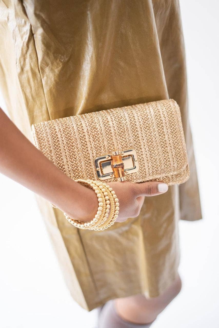 Lilly - Gold Woven Straw Clutch - Bamboo Toggle - WS