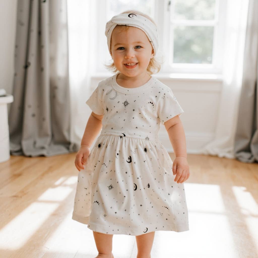 Baby kid short sleeve organic twirl dress | celestial stars