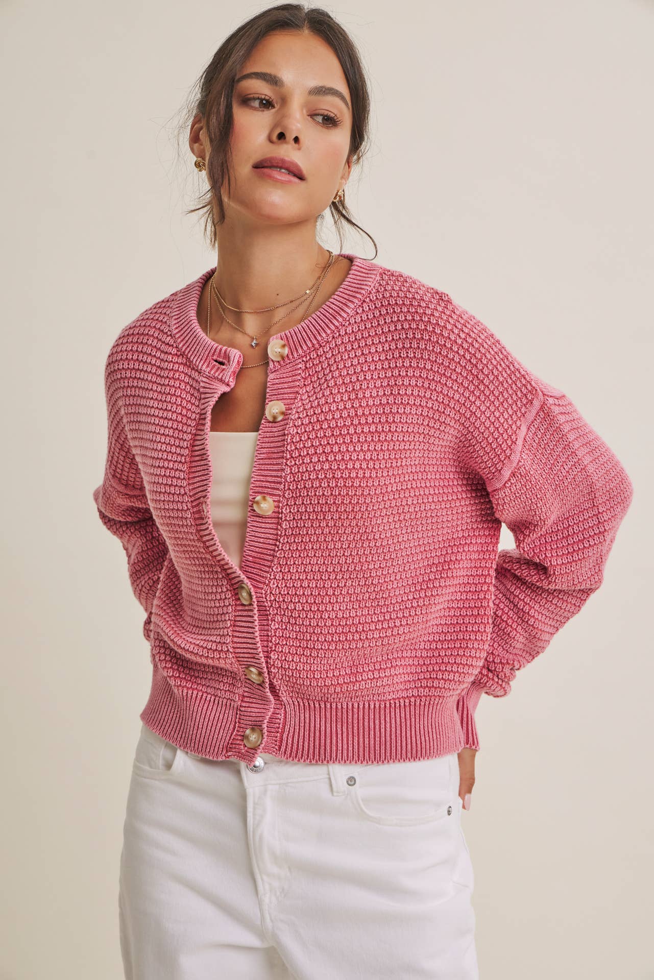 SEASONLESS MINERAL-WASHED COTTON WAFFLE BUTTON-DOWN CARDIGAN