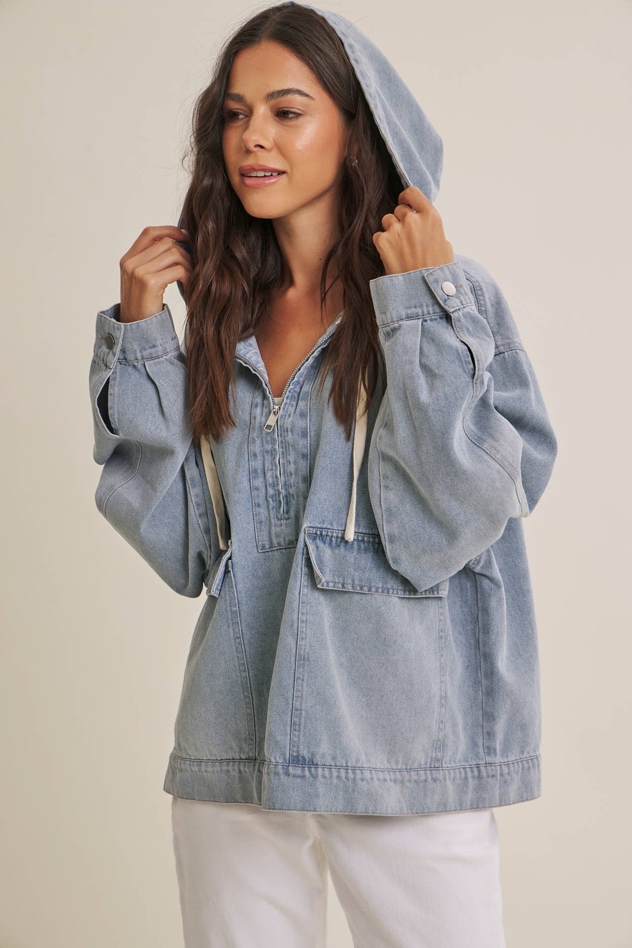 CRAVING COMFORT MINERAL-WASHED DENIM HOODED PULLOVER
