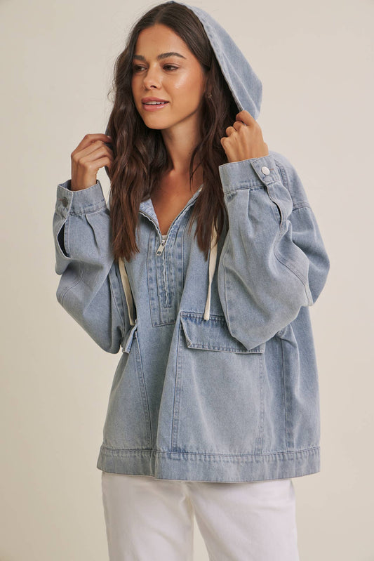 CRAVING COMFORT MINERAL-WASHED DENIM HOODED PULLOVER