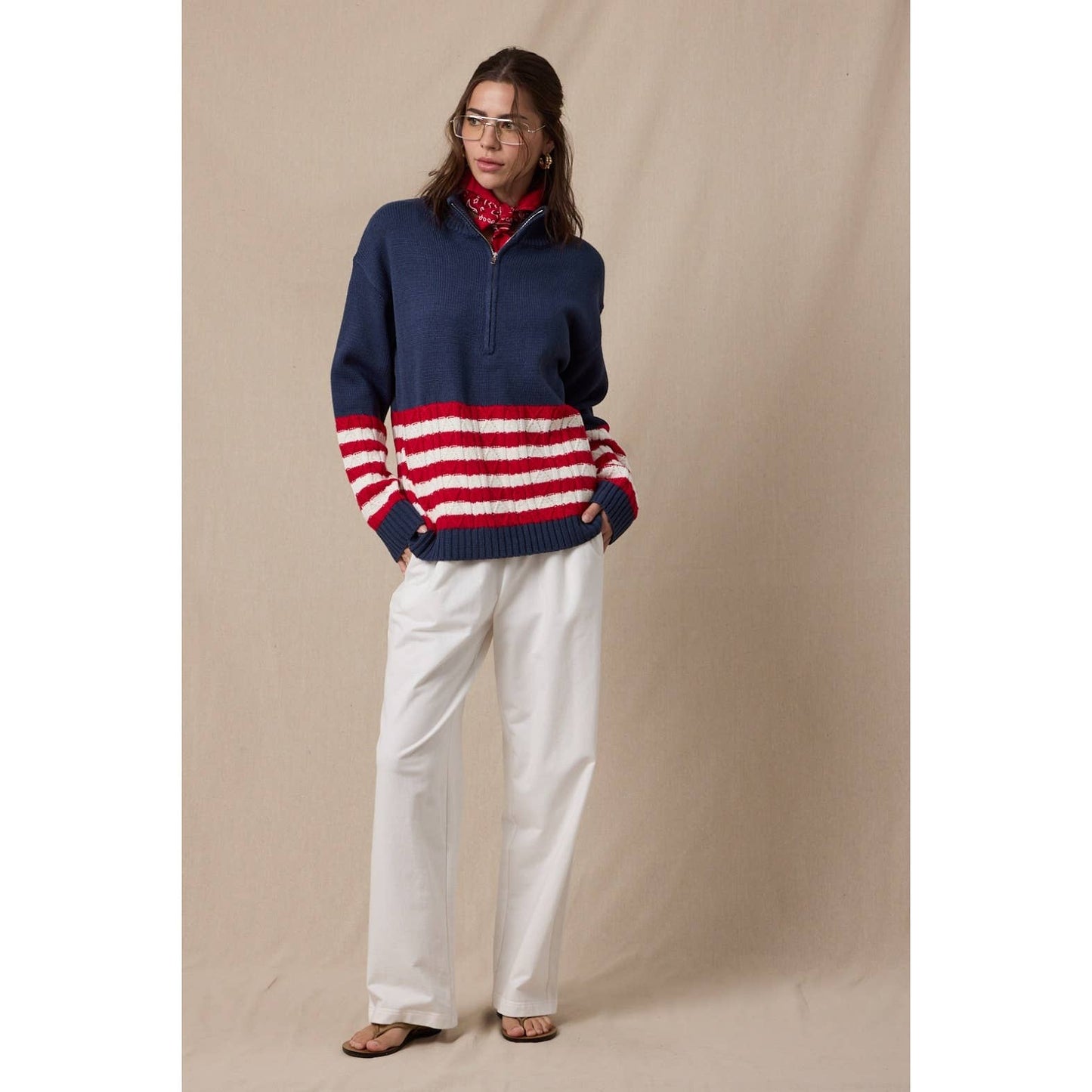 HALF-ZIP SWEATER WITH STRIPED DETAIL / WL25-11589