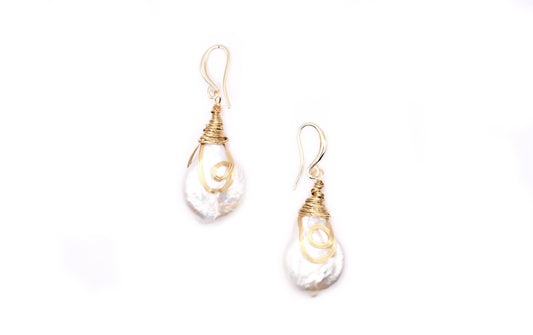FW Gold Wrapped Coin Pearl Dangle Earrings