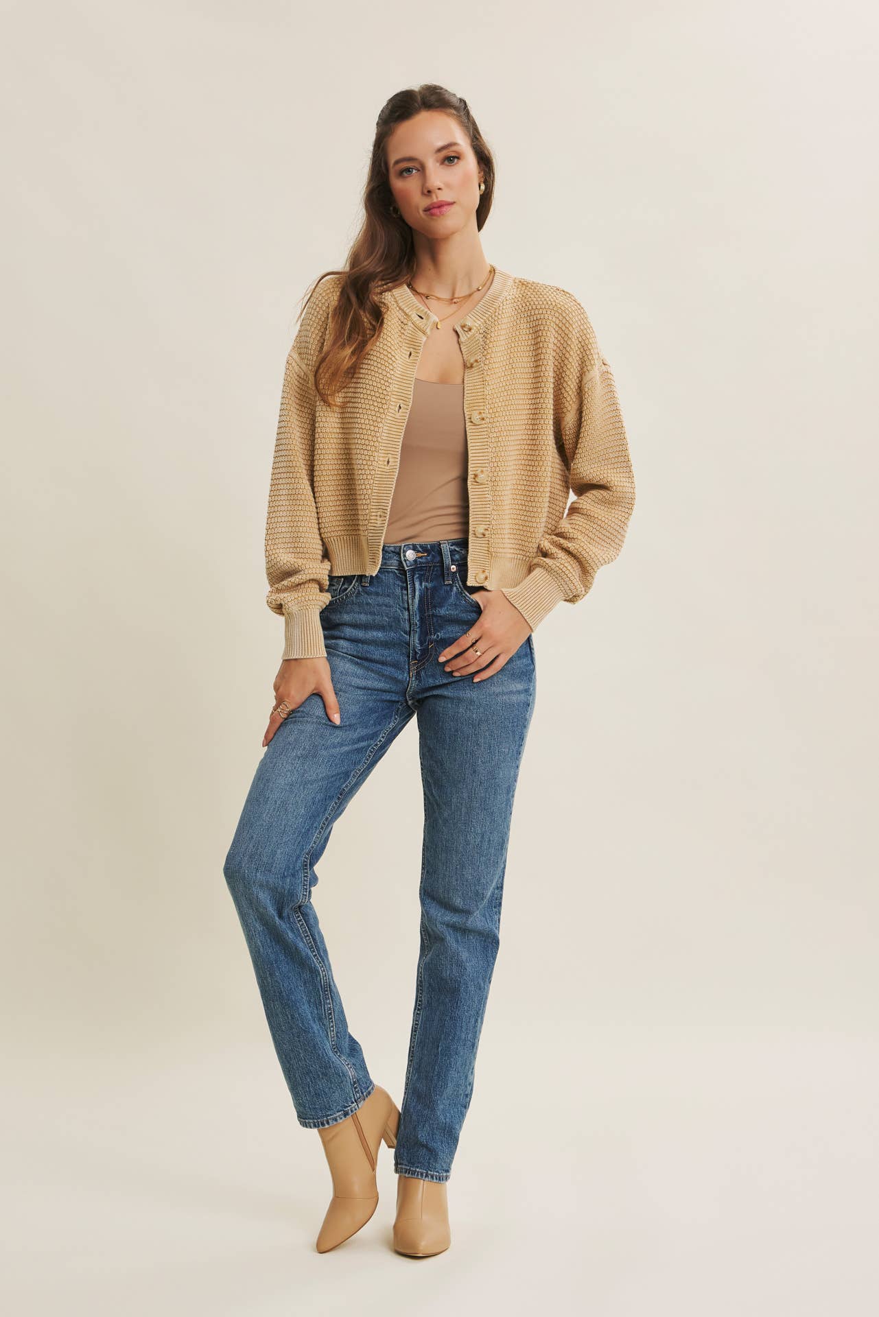 SEASONLESS MINERAL-WASHED COTTON WAFFLE BUTTON-DOWN CARDIGAN