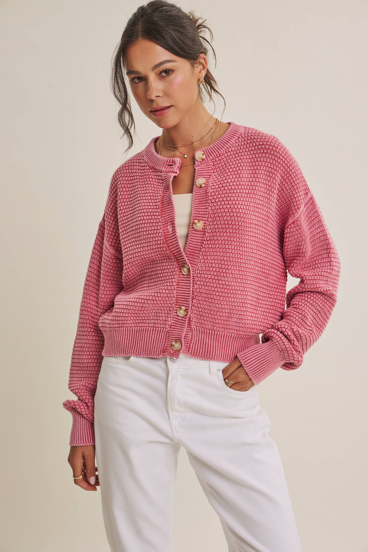 SEASONLESS MINERAL-WASHED COTTON WAFFLE BUTTON-DOWN CARDIGAN