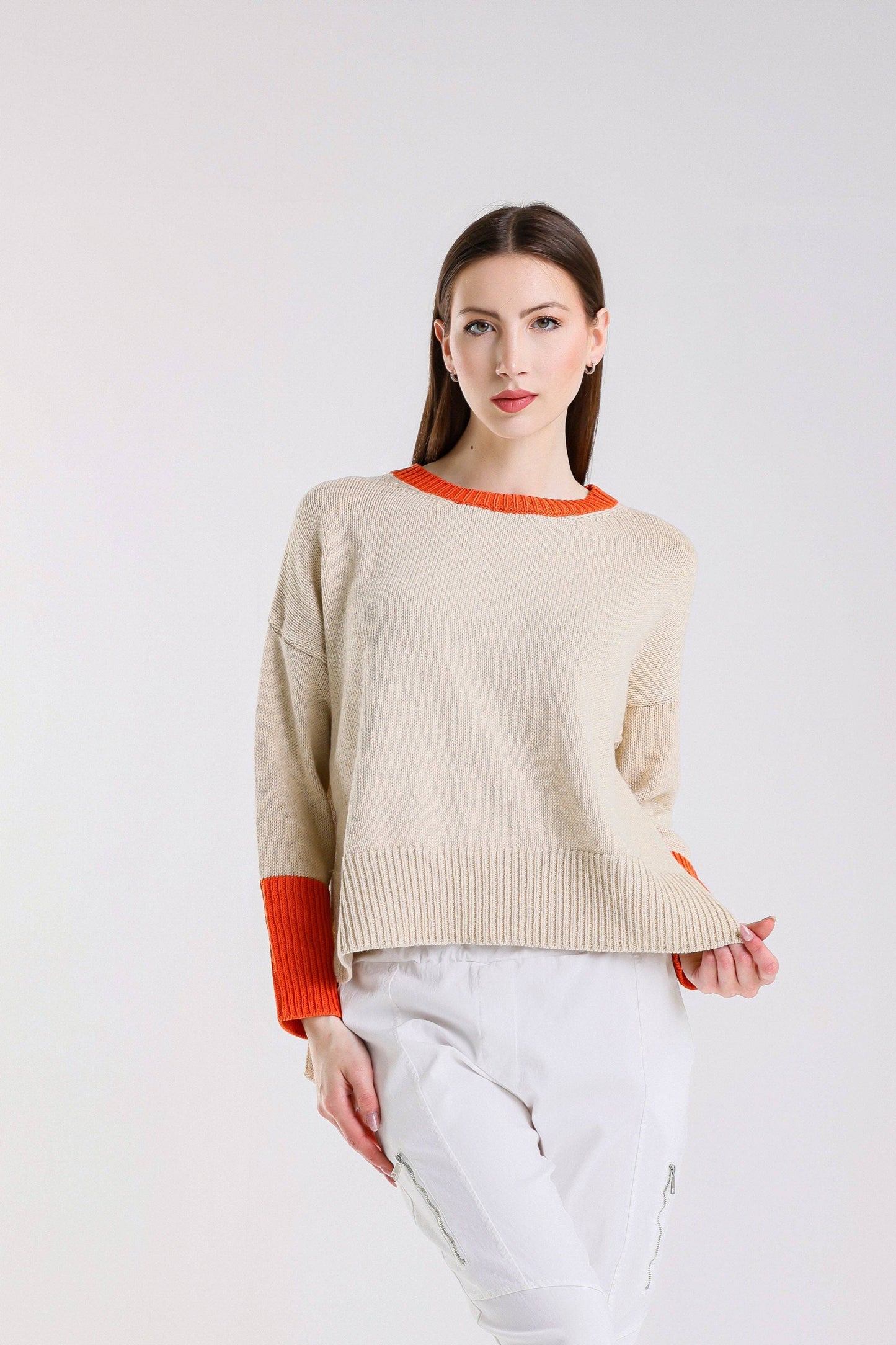 Lisbeth Contrast Neck Hi/Low Sweater (BLS915)