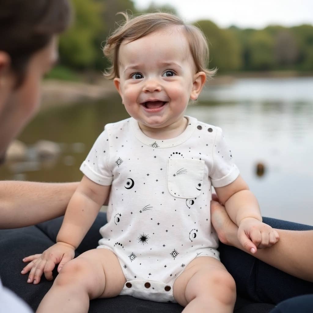 Baby kid organic short sleeve romper | celestial stars