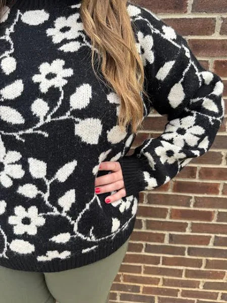 Keren Hart Floral Black and Ivory Crew Sweater