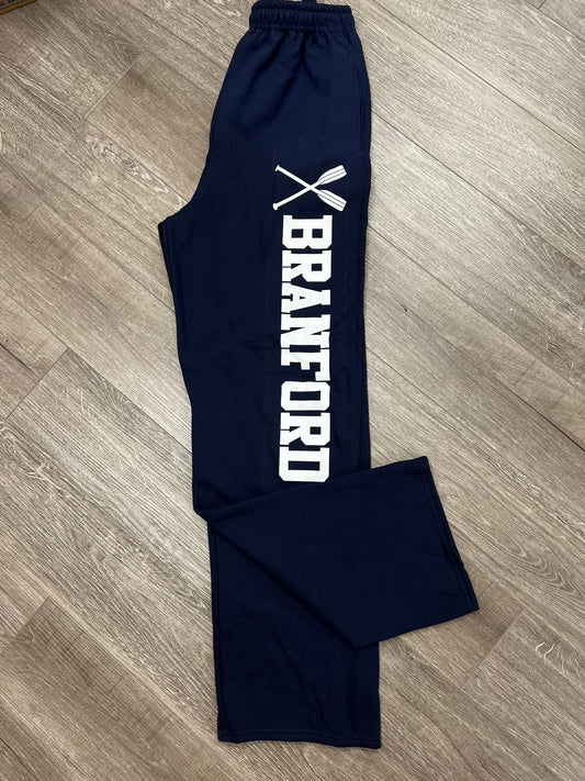Branford, CT sweat pants in navy blue. Open Leg with pockets.