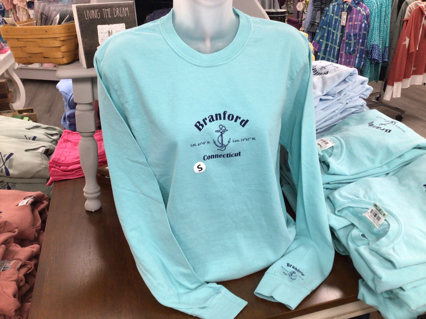 Branford Long Sleeve Longitude and Latitude Tee Shirts 100% Comfort blue color T-shirt. Soft and cozy for a cool breezy evening or just throw over your bathing suit as a beach coverup.
