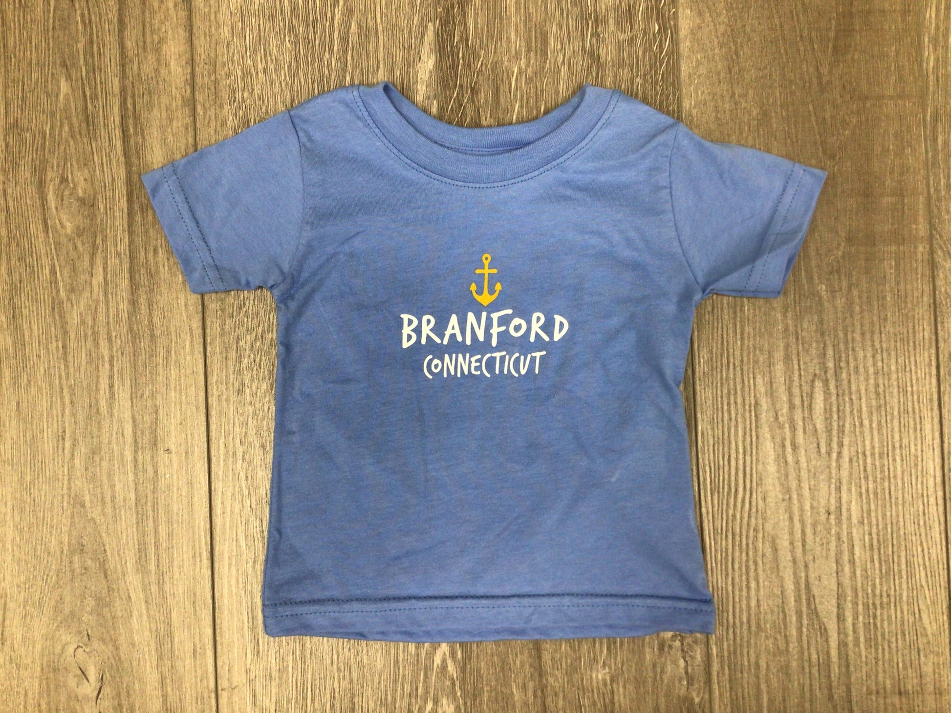 Branford Connecticut toddler t-shirts in blue. Sizes available for 6 months, 12 months, 18 months, 2T, 3T, and 4T.