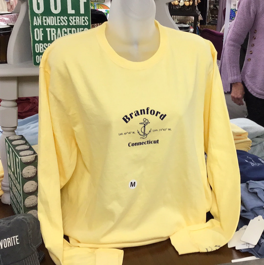 Branford Long Sleeve Longitude and Latitude Tee Shirts 100% Comfort yellow color T-shirt. Soft and cozy for a cool breezy evening or just throw over your bathing suit as a beach coverup.