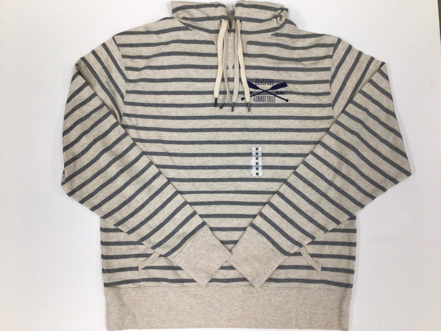 Branford, Connecticut Nantucket striped hoodie with a front pocket. Made of 70% Cotton and 30% Polyester. Machine wash, tumple dry low. Unisex adult sizing.